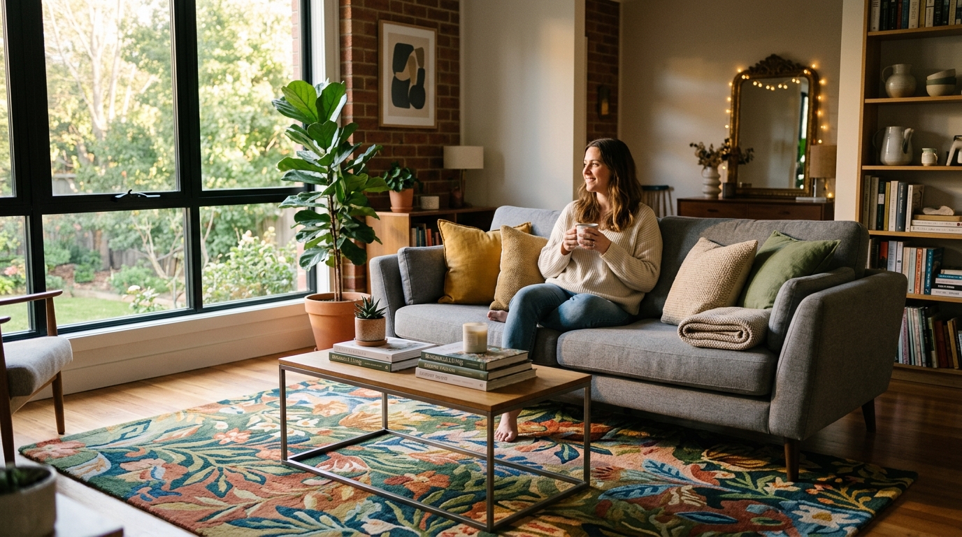 Cozy modern living room with a colorful botanical rug under a grey sofa, warm sunlight coming through the window