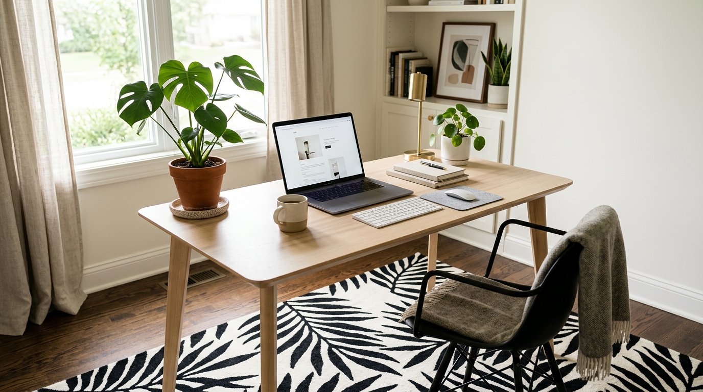Elegant home office desk with a black and white leaf patterned rug underneath, minimalist decor and green plants