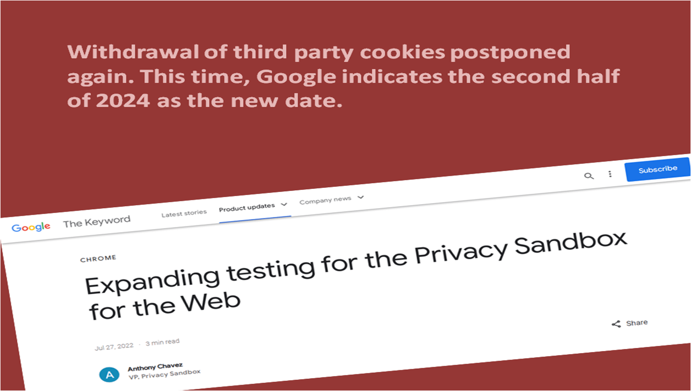 Withdrawal of third party cookies postponed again. This time, Google indicates the second half of 2024 as the new date